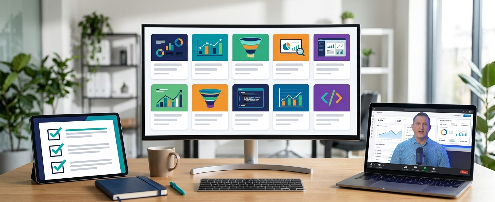 MeasureU Academy — 10 courses displayed on ultrawide monitor with lesson on laptop and resources on tablet