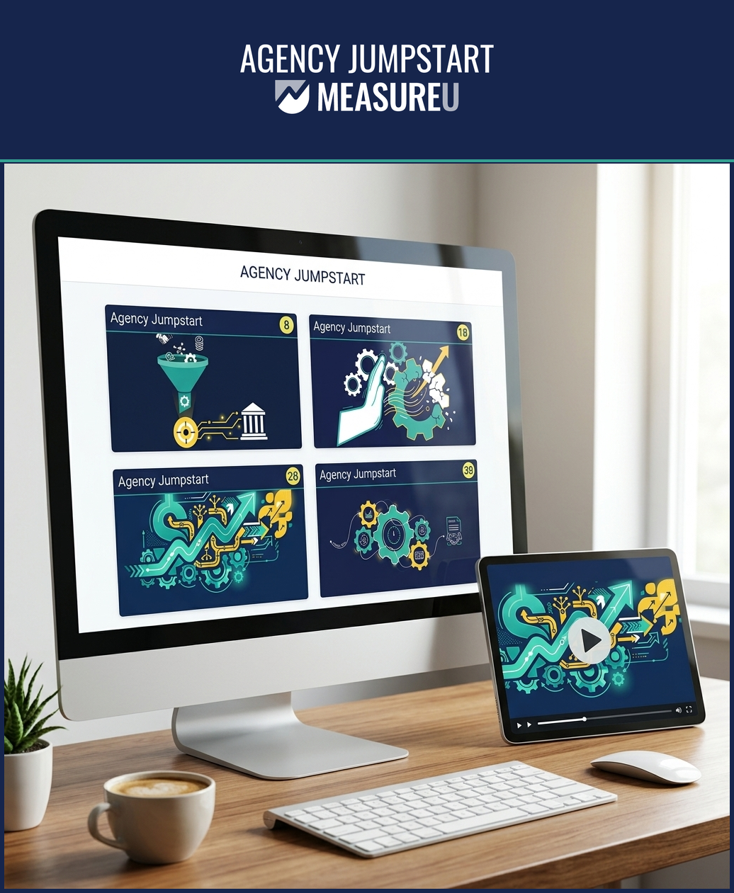 Agency Jumpstart Course on desktop and tablet — 5 modules across 43 lessons