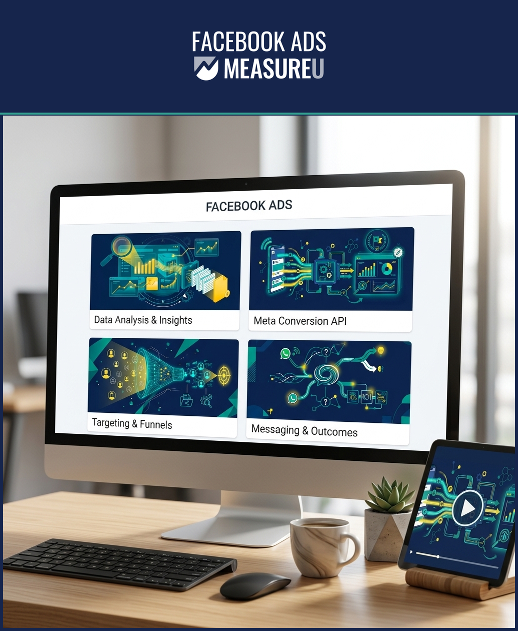 Facebook Ads Course on desktop and tablet — 3 modules across 77 lessons