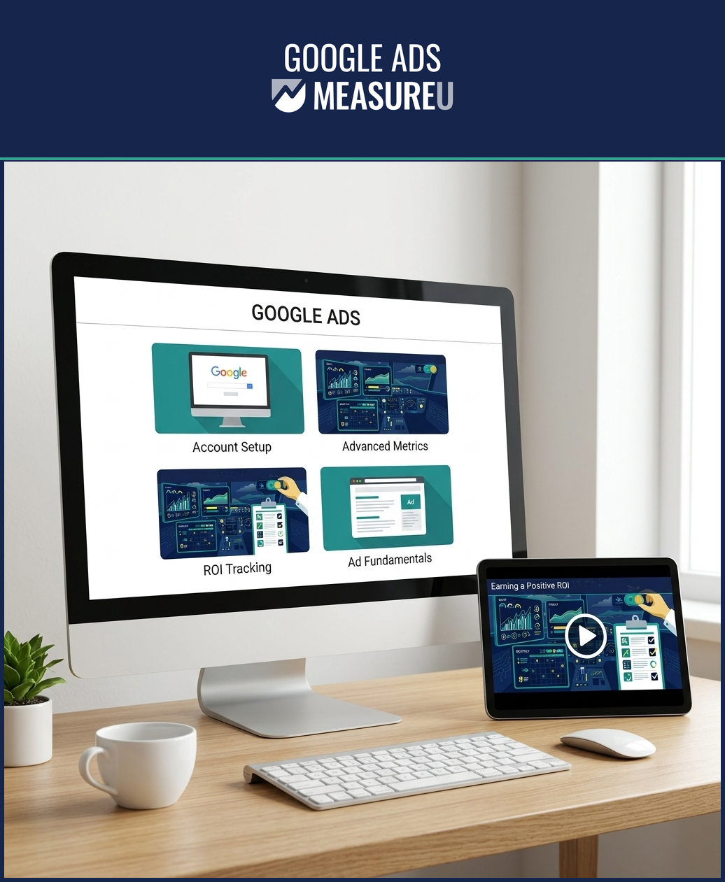 Google Ads Course on desktop and tablet — 6 modules across 28 lessons
