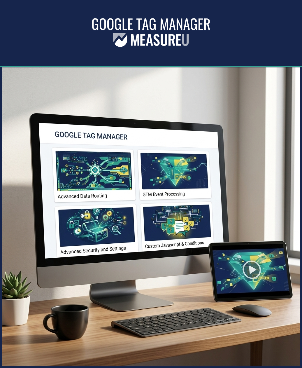 Google Tag Manager Course on desktop and tablet — 6 modules across 153 lessons