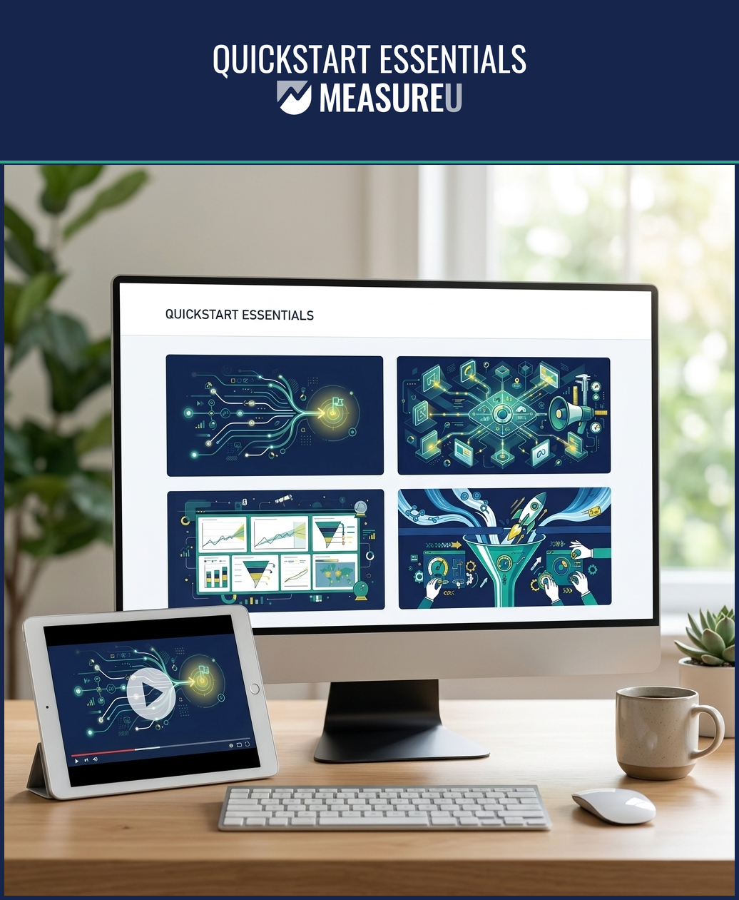 QuickStart Essentials Course on desktop and tablet — 6 QuickStarts across 79 lessons
