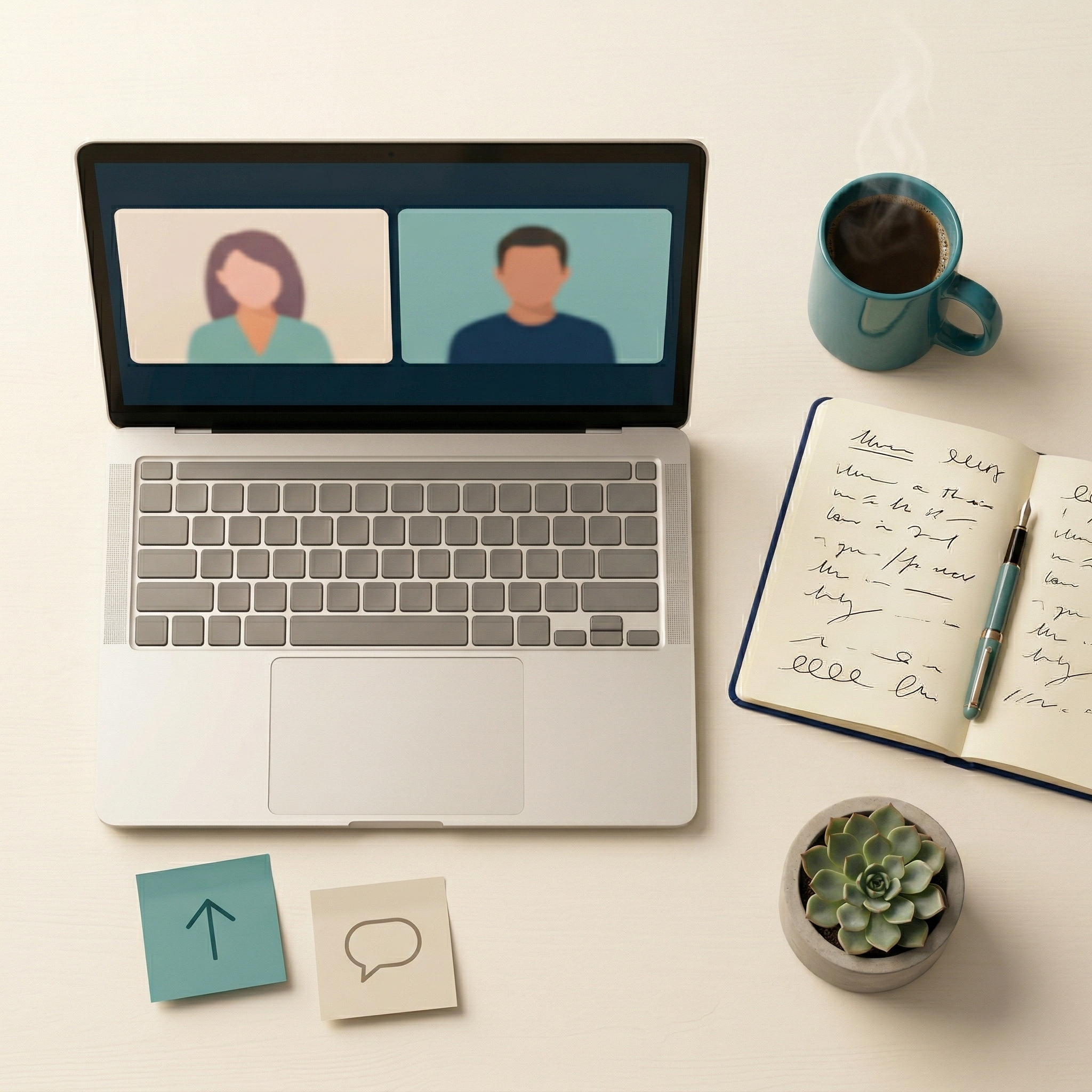 MeasureU 1:1 coaching session in progress — laptop with video call, notebook with handwritten notes, coffee, and sticky notes